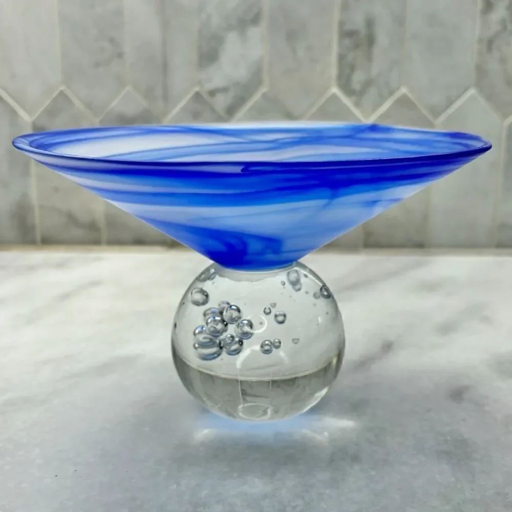 Frosted Swirl Glass Bowl W/ Glass Ball Base With Bubbles Art Glass Blue OS